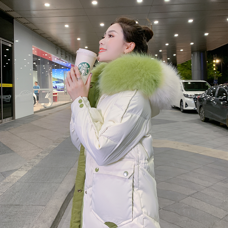 大毛领羽绒棉服女小个子2023冬季新款韩版时尚中长款过膝棉衣外套