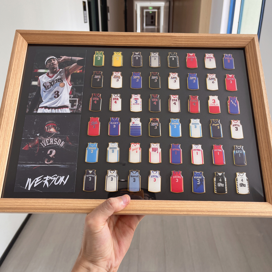 艾弗森76人掘金球衣徽章原创实木相框球迷胸针创意球迷情人节礼物