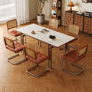 中古风岩板实木餐桌家用不锈钢复古家具包豪斯长方形康桥餐桌椅