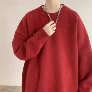 秋冬季 毛衣女宽松潮牌纯色圆领加厚慵懒风针织衫 ins潮流港风线衣