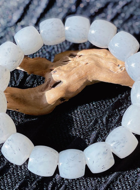 和田玉【青花籽料手串】白底墨点老型珠款 国风复古单圈男女手饰