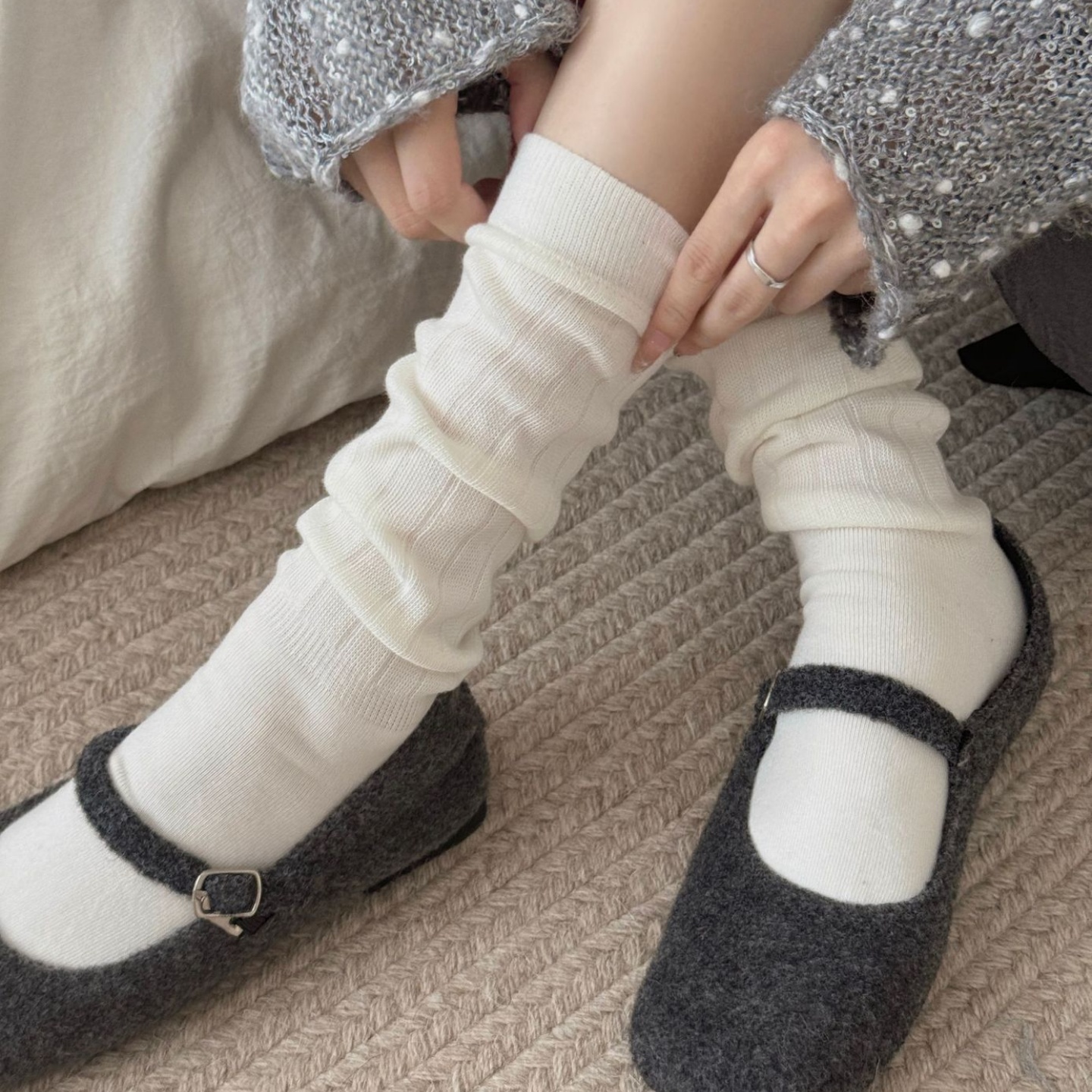 日系简约竖条纹显瘦堆堆袜子女秋