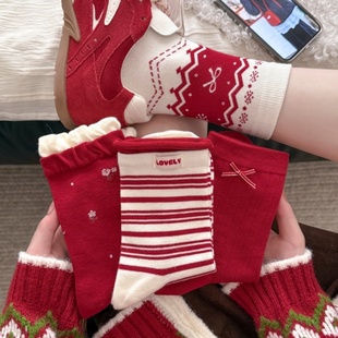 马年本命年红色袜子女秋冬纯棉中筒袜喜庆新年蝴蝶结条纹花边长袜