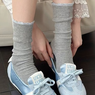 灰色袜子女秋款 纯色竖条纹堆堆袜棉ins潮拼色中筒袜日系少女长袜
