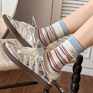 撞色条纹袜子女秋季 卷边中筒袜字母布标韩系堆堆袜ins潮配德训鞋