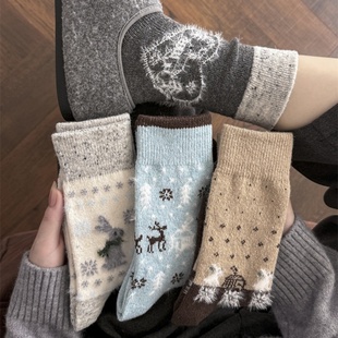 复古费尔岛羊毛袜子女秋冬加厚保暖中筒袜可爱卡通日系ins圣诞袜