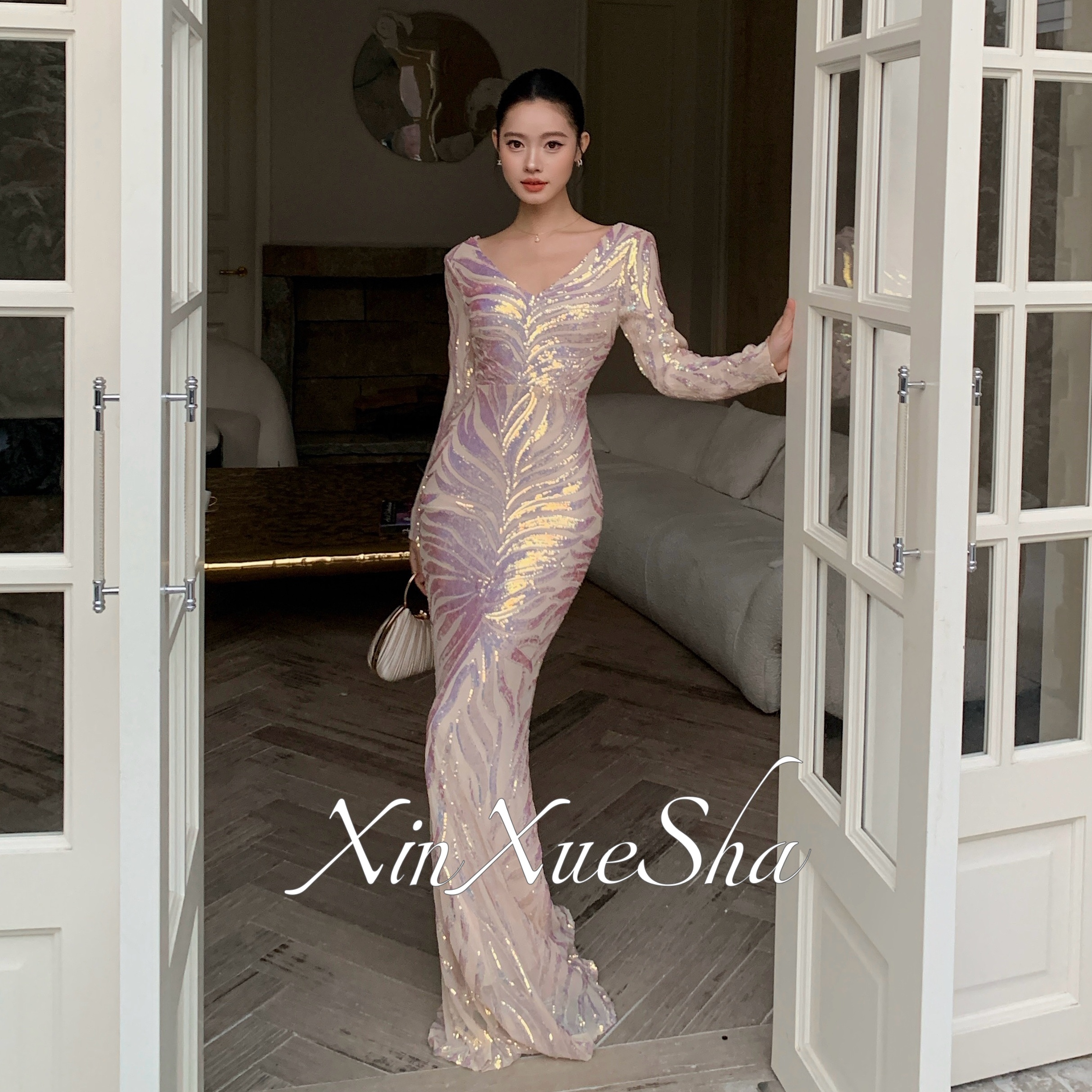 欣雪莎长袖幻彩杏色晚礼服秋冬