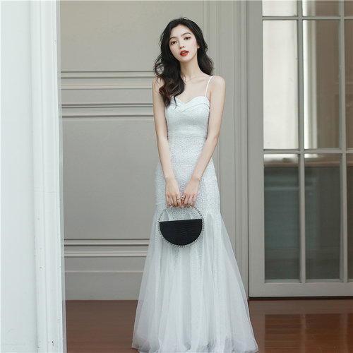 宴会新款高端白色鱼尾结婚晚礼服