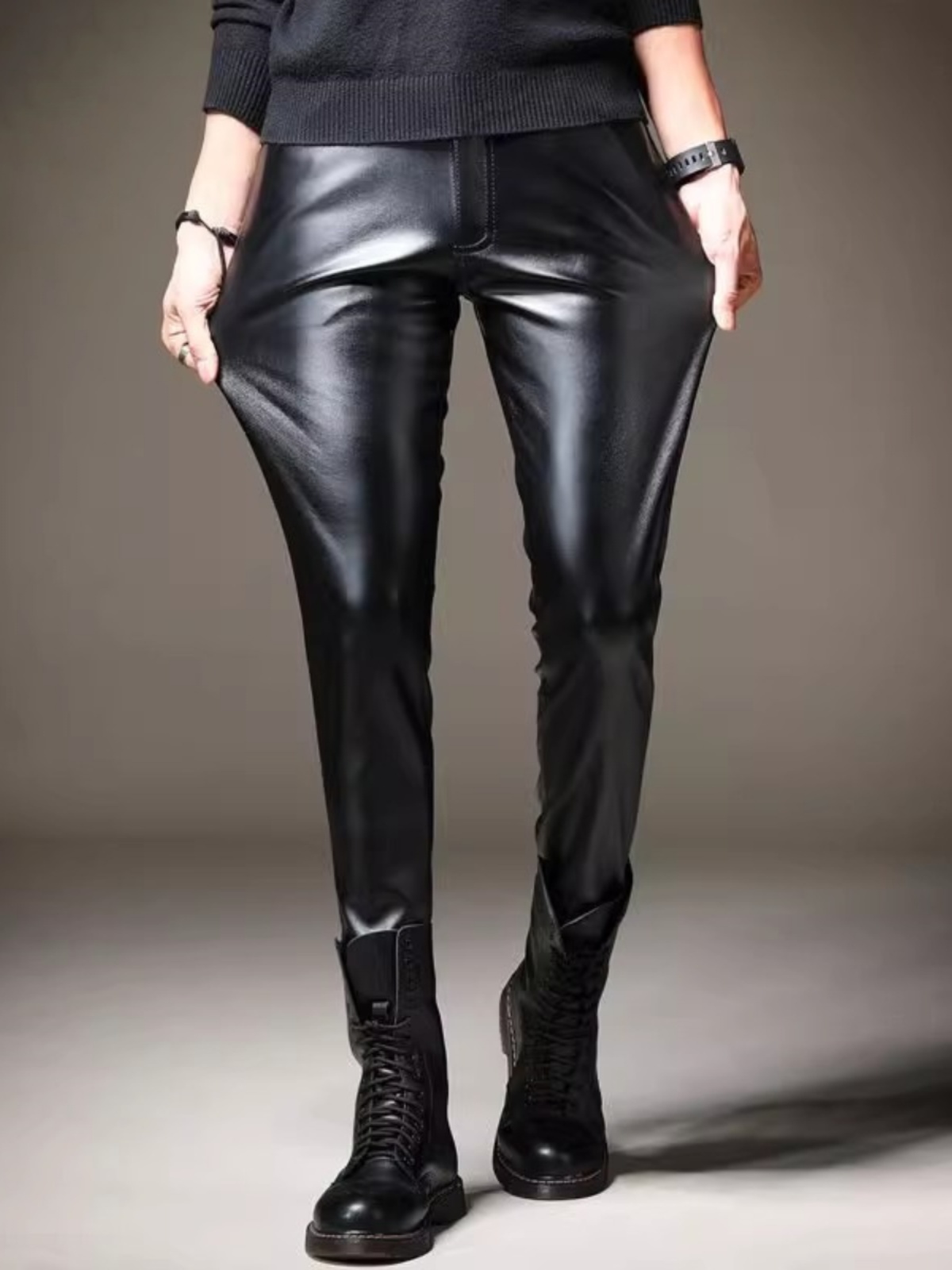 皮裤男加绒加厚弹力冬季修身紧身保暖机车摩托车防风防水小脚长裤