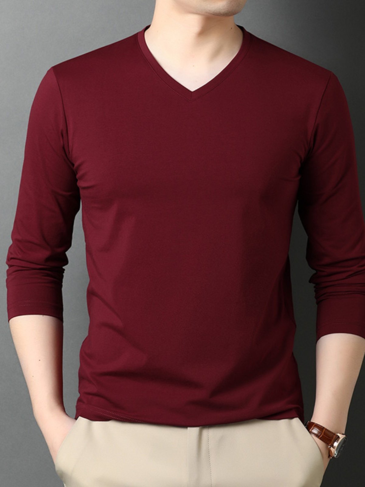 春秋季V领长袖t恤男士纯棉休闲百搭鸡心领秋衣潮流内穿打底衫上衣