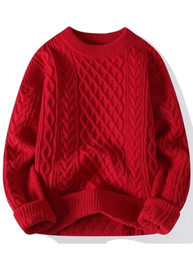 2025本命年红色圆领毛衣男冬季加厚保暖毛打底衫结婚新婚针织衣