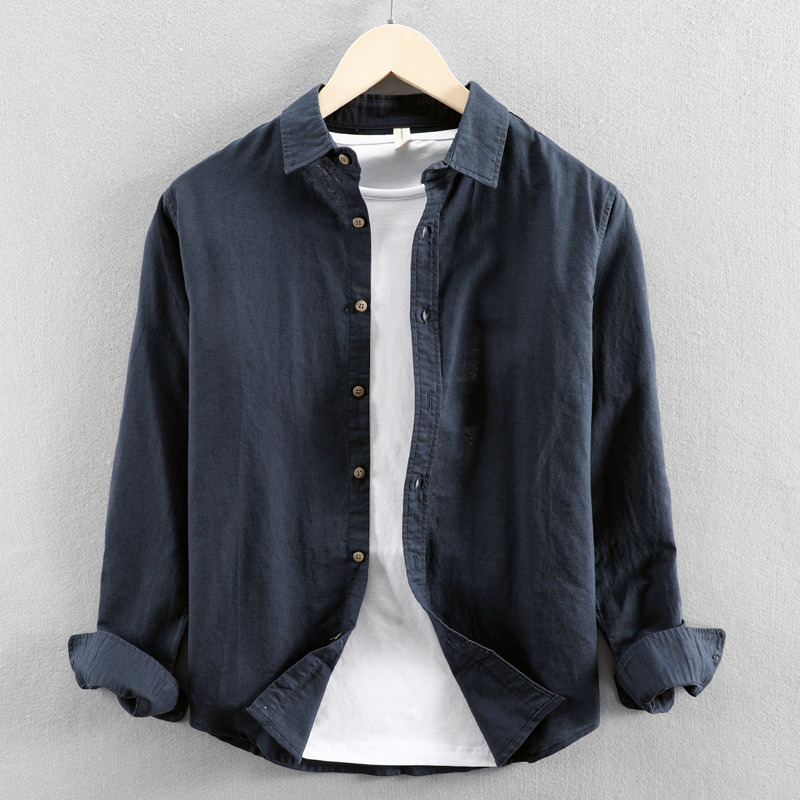 春秋纯色棉麻衬衫男士潮牌休闲长袖衬衣日系潮流复古防晒透气外套