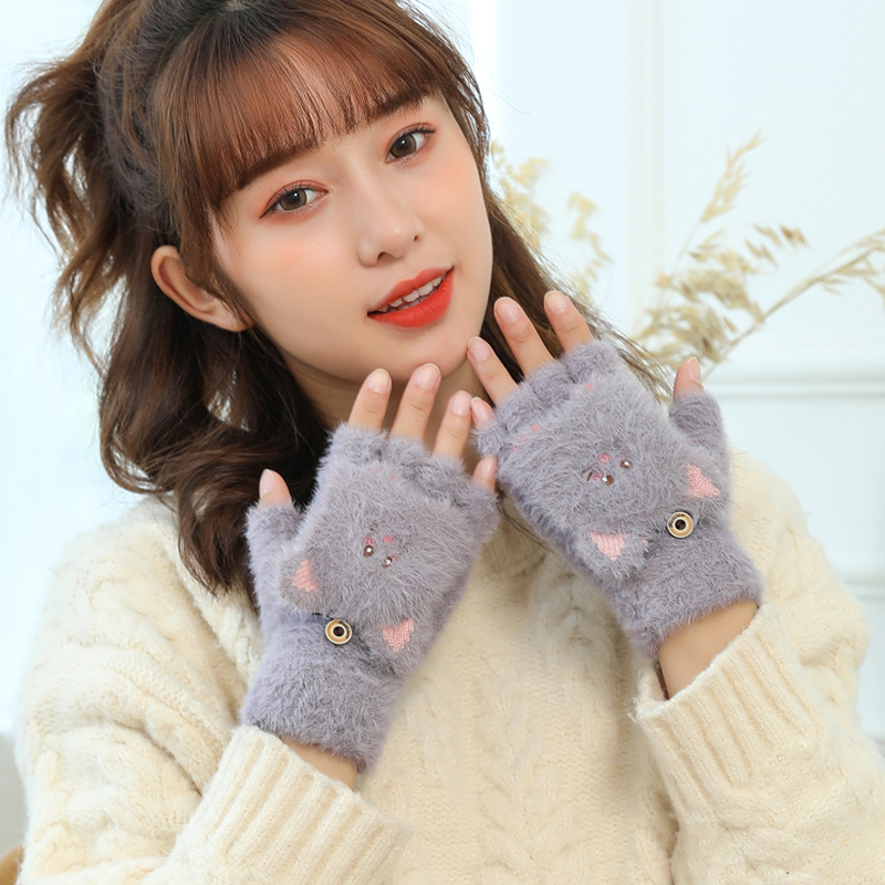 手套女冬季韩版学生卡通可爱翻盖两用半指露指写字防寒保暖手套冬