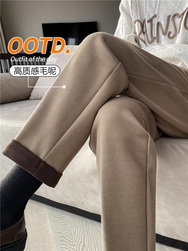 2025新款卡其色西装毛呢裤女直筒九分春秋加绒加厚休闲小个子烟管