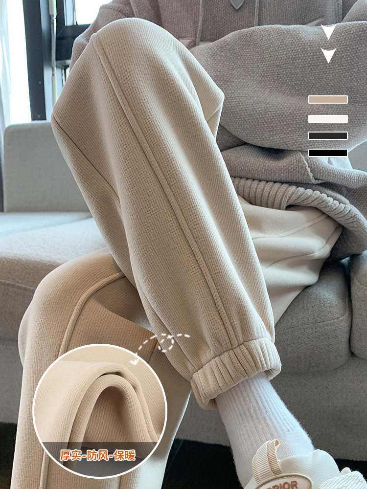 2025新款秋冬季加绒加厚保暖羊羔绒束脚卫裤女高腰宽松直筒运动裤