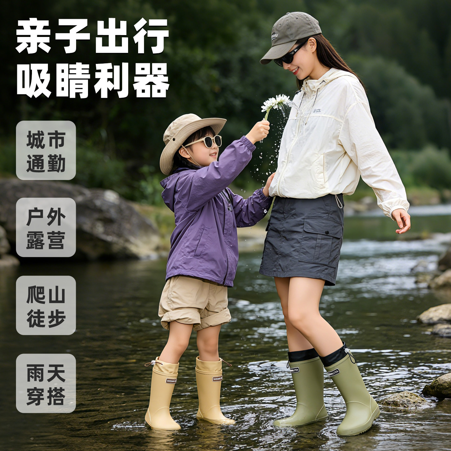 雨林户外徒步轻便雨鞋男女孩中筒束口水鞋防水防滑雨靴女亲子胶鞋图片