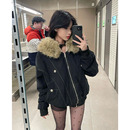 仿兔毛大毛領(lǐng)連帽棉衣美式 復(fù)古保暖外套 羽絨棉服女冬季 派克服短款