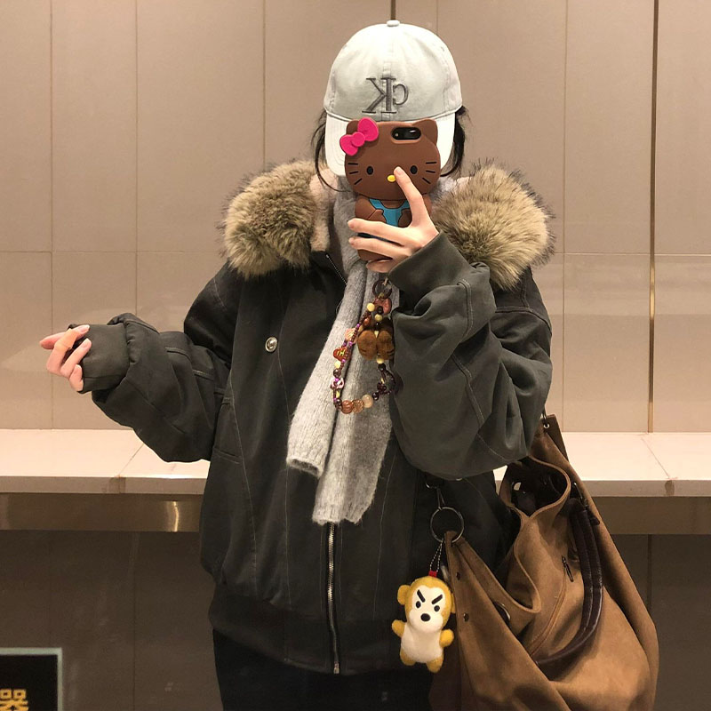 大毛领情侣款夹克棉服女冬季外套