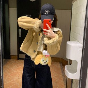 复古加绒加厚麂皮棉衣外套女秋冬小个子翻领保暖巨好看的短款上衣
