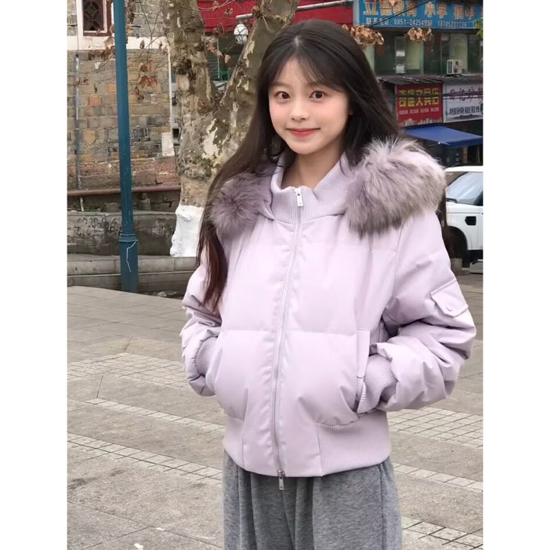 仿真貉子毛领羽绒棉服女冬季加厚保暖防风时尚连帽面包服棉袄外套