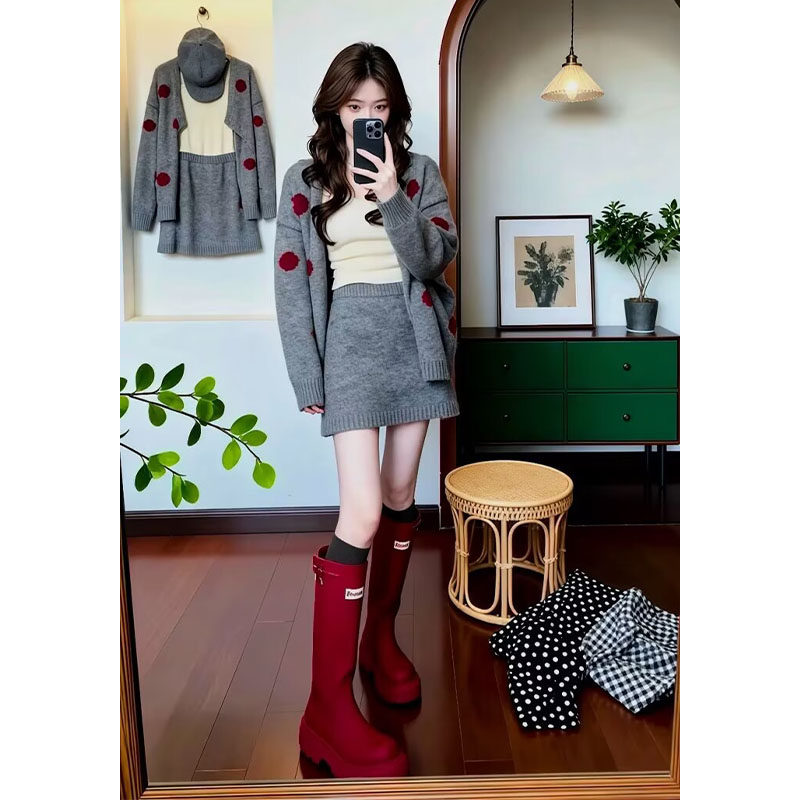 秋冬韩系一整套ootd穿搭慵懒风软糯灰色针织开衫半身裙两件套装女,女装/女士精品,大码套装,淘宝优惠券,粉丝福利购,淘宝优惠卷