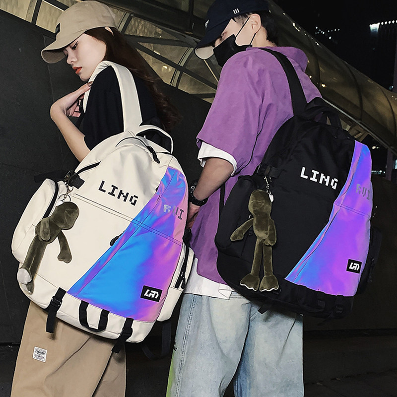 反光休闲运动背包双肩包女书包中学生男时尚大容量轻便旅游旅行包
