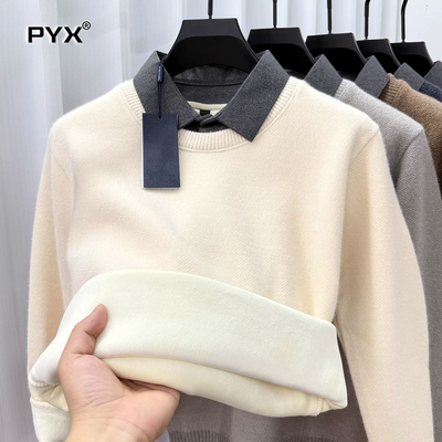 一体绒加厚毛衣男士2025新款冬季衬衫领假两件加绒保暖针织衫男款