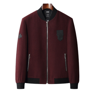 新款羊毛羊绒夹克男潮流酒红色加厚商务休闲毛呢外套男