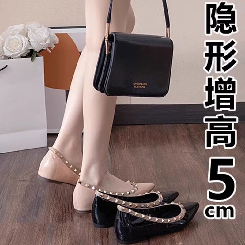 内增高铆钉尖头真皮单鞋女2026夏季新款女士气质小皮鞋一脚蹬瓢鞋