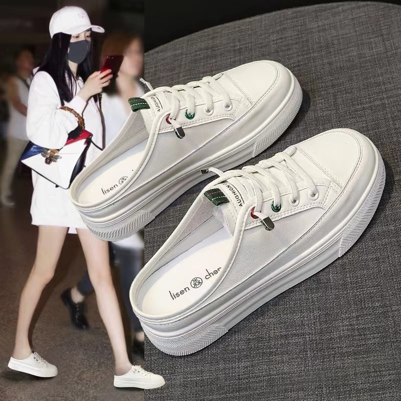 包头半拖小白鞋女夏季外穿2025新款厚底小个子增高懒人一脚蹬凉拖