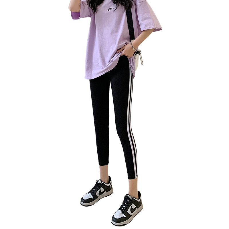 打底裤女外穿春秋薄款高腰百搭弹力紧身收腹条纹运动小个子八分裤