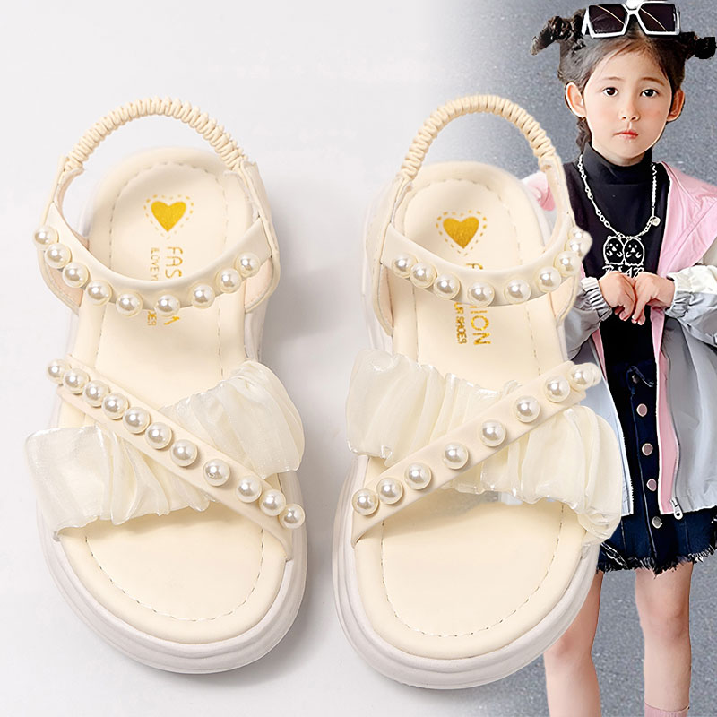 凉鞋女童2024年夏季新款时尚厚底公主风罗马鞋子珍珠外穿软底童鞋