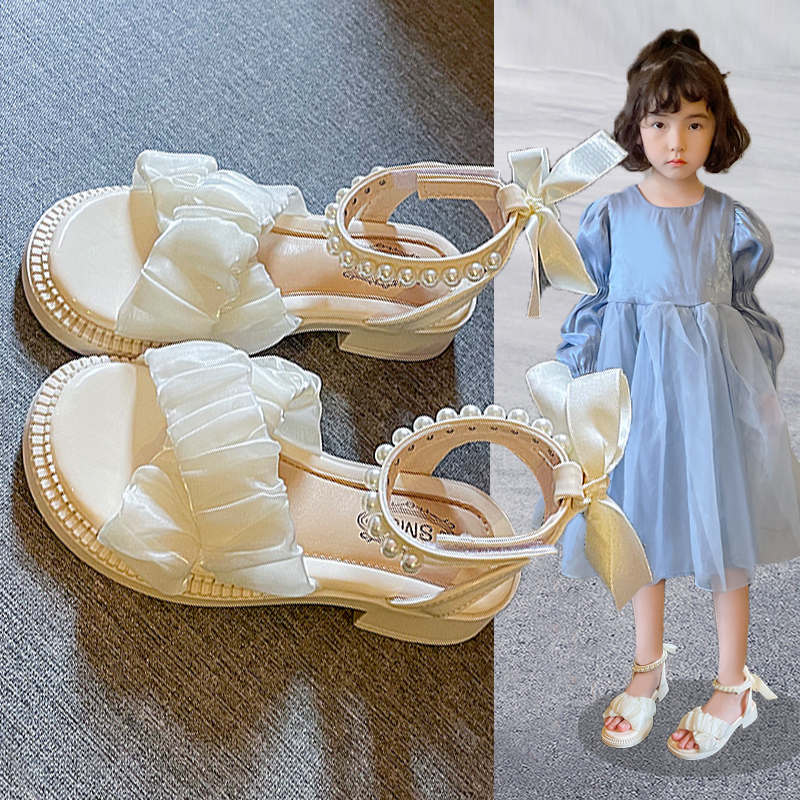 女孩公主鞋洋气蝴蝶结2023夏季新款女童高跟罗马凉鞋配裙子儿童鞋