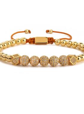 皇冠8mm微镶锆石金色钻球铜珠编织手编绳可伸缩手链串珠