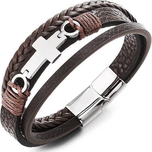 新款跨境复古皮革手工编织合金壁虎配饰个性磁吸扣欧美男士手镯