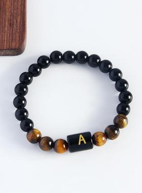拼多多热卖26个字母8mm天然虎眼石黑曜石手串弹力绳男女手链饰品