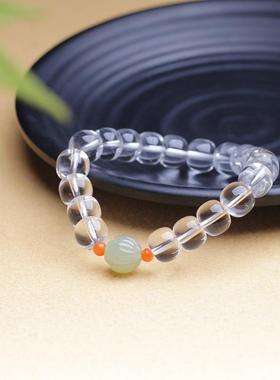 天然白水晶全净体手链老型珠透明珠子搭配和田玉晴水莲花珠女手串