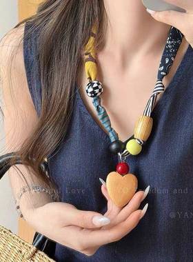 时髦布艺趣味拼接可调节项链女款小众设计个性毛衣链多层缠绕配饰