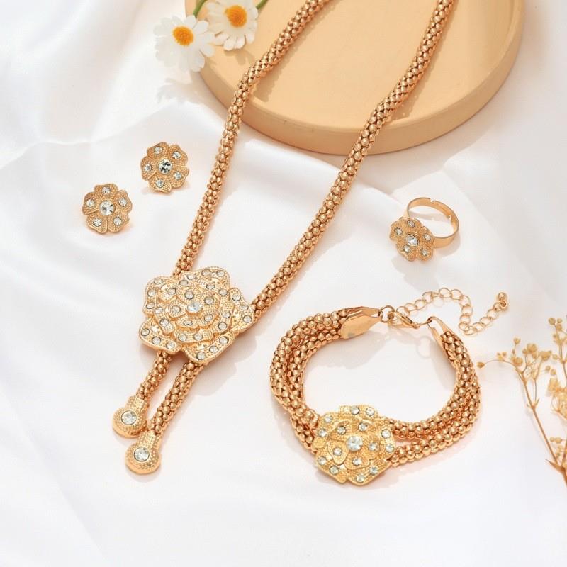 欧美跨境新款花朵首饰套装夸张气质镶钻花卉项链手链耳钉戒指饰品