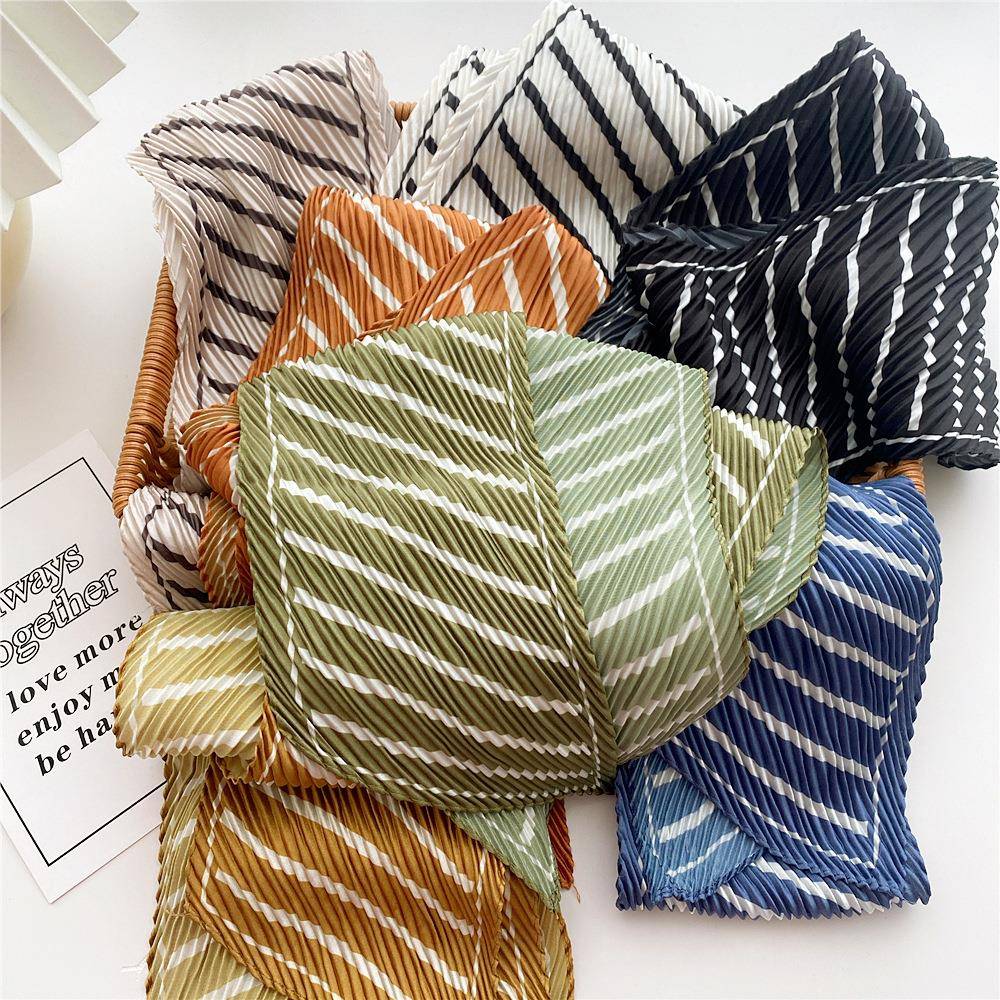 条纹长款褶皱丝巾女春秋夏季韩版时尚百搭文艺学生装饰职业围巾