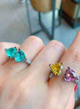 跨境欧美心形仿真珠宝戒指女帕拉伊巴祖母绿气质简约开口工厂