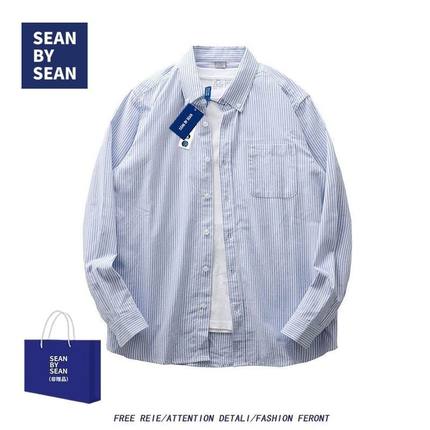 SEANBYSEAN春秋季日系百搭水洗条纹撞色牛津纺男女休闲长袖衬衫衣