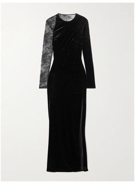 Self-Portrait 蕾丝拼接天鹅绒长款连衣裙女ins百搭婚礼裙OL风