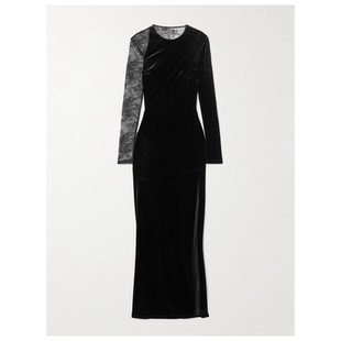 连衣裙女ins百搭婚礼裙OL风 蕾丝拼接天鹅绒长款 Self Portrait