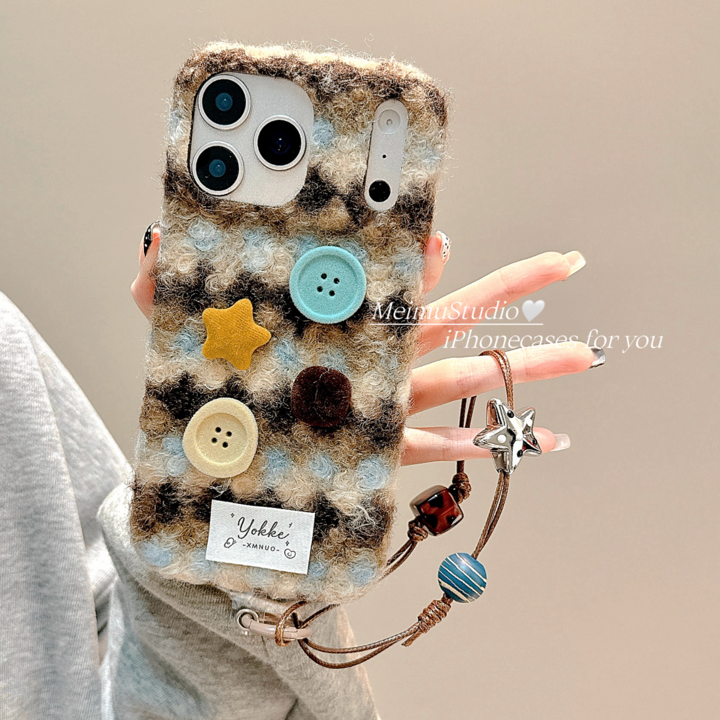 秋冬毛绒立体纽扣适用苹果手机壳