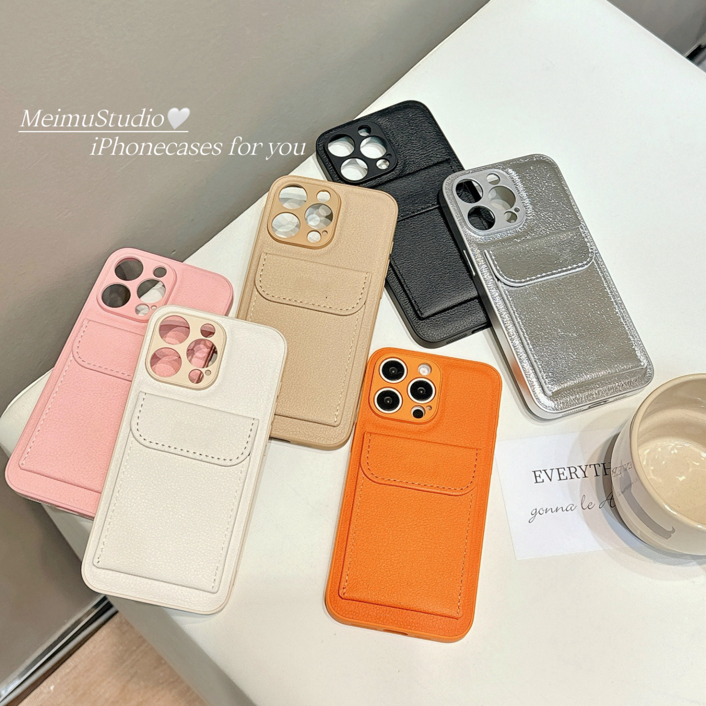 简约纯色皮质卡包适用苹果手机壳