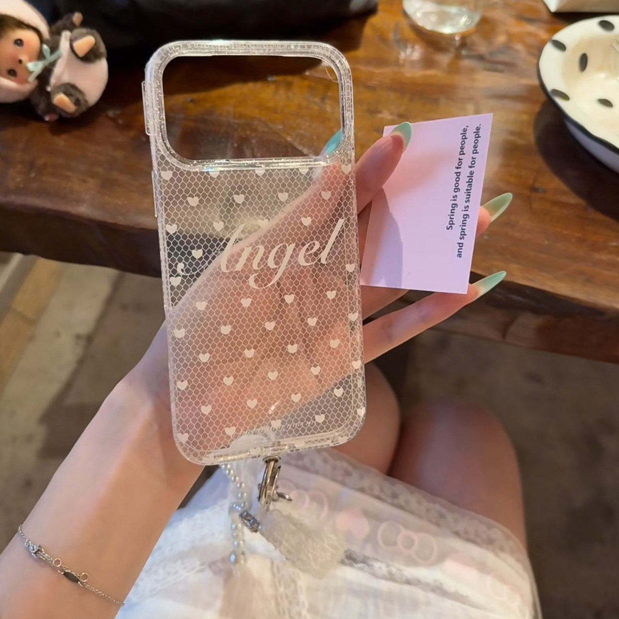 ins韩系透明白色字母爱心粉卡片适用苹果17promax手机壳iphone16pro新款15女17pro蝴蝶结挂饰15pro全包手机套