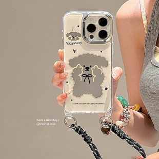 卡通可爱镜面卷毛小狗适用苹果17promax手机壳iphone15新款 14pro带挂绳12少女17创意16pm日韩13pro网红16全包