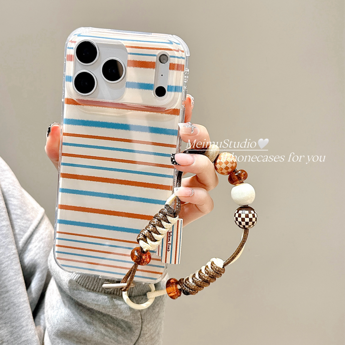 韩风ins蓝棕条纹适用苹果手机壳