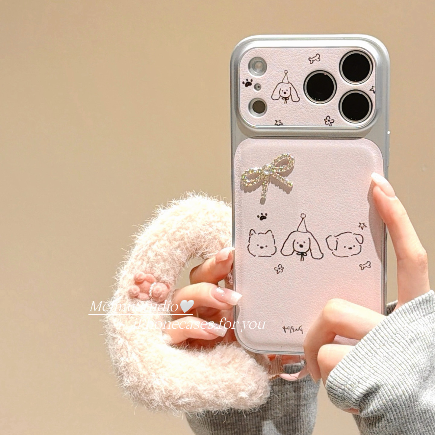 美牧甜美ins粉色狗狗立体蝴蝶结适用苹果17手机壳iphone1